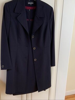 Navy Single-Breasted Pea Coat and matching dress
Full length just under the knee